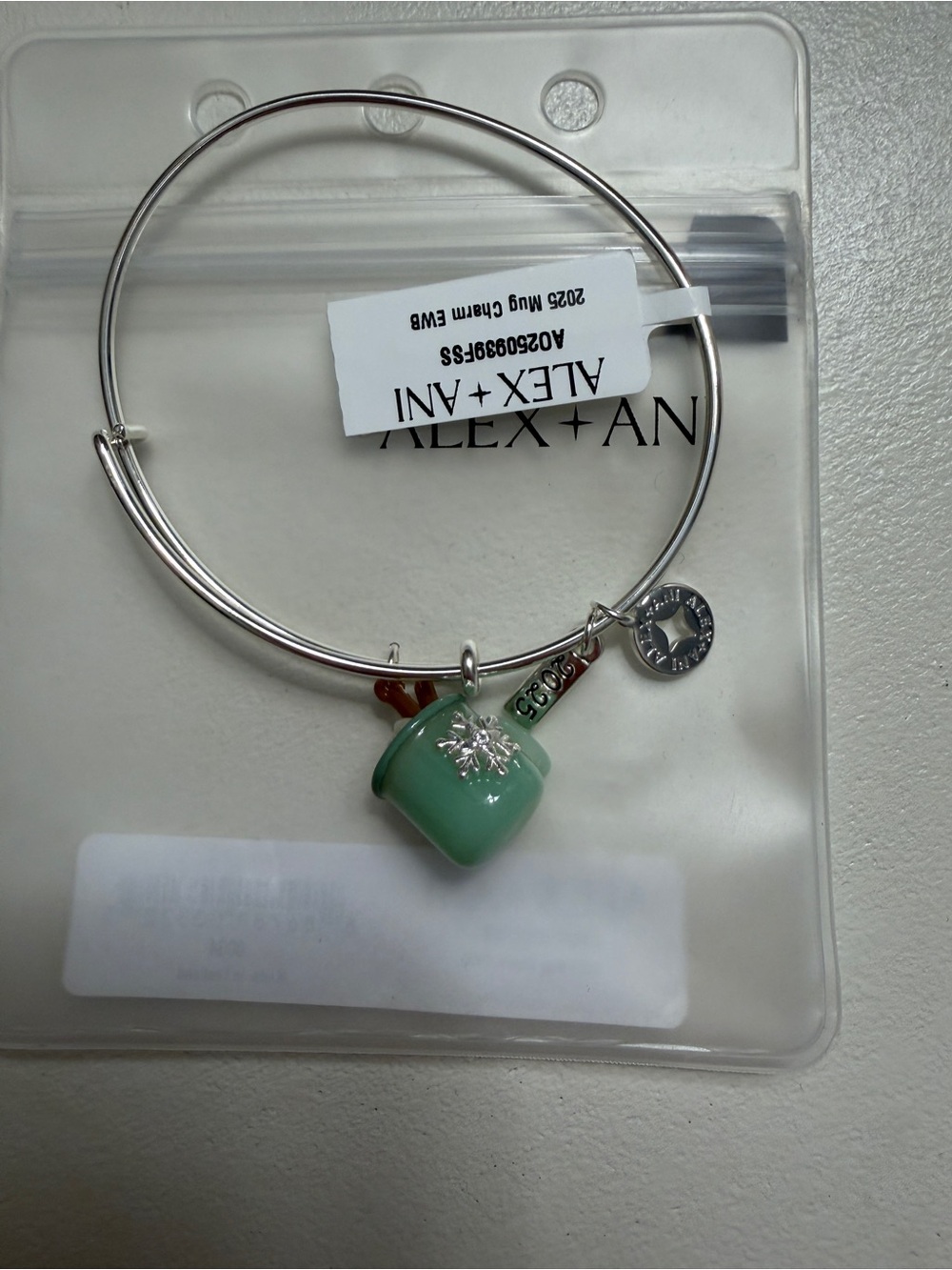 Alex and Ani Silver-Tone Bracelet with Green Enamel Mug Charm